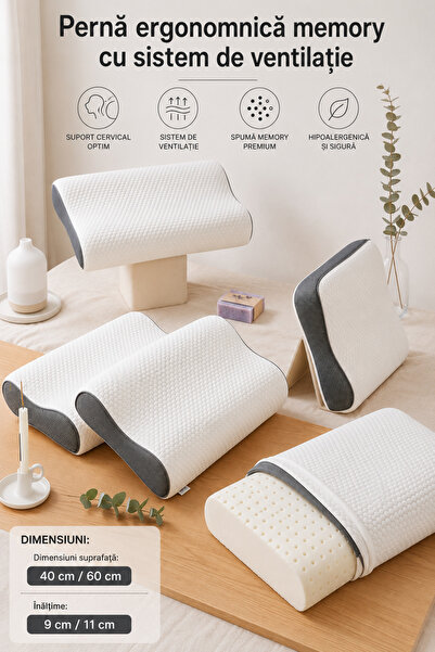 RALEX PUCIOASA Pernă ergonomică cu memorie, cu ventilație, suport cervical, h...