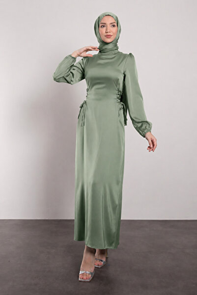 Tesettür Diyarı Women's Side Tie Satin Hijab Evening Dress - Khaki Green