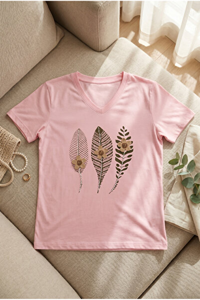 FEMELLE Women's Pink V-Neck Beaded Embroidered 100% Cotton T-Shirt