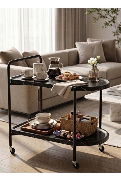Taimi 2-Tier Serving Trolley with Lockable Wheels, Mobile Side Table, Wooden ...