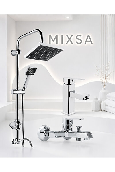MİXSA Lüx Premium Krom Robot Duş Seti Kare Banyo-Lavabo Bataryası 3'lü Set Ka...