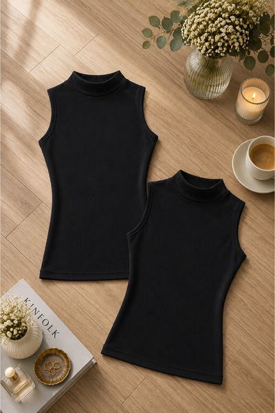 ROZELT Women's Black Modal Cotton Lycra Sleeveless Half Turtleneck 2-Piece Un...