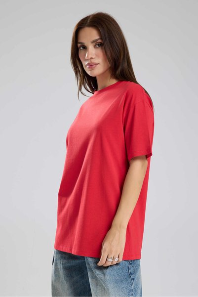 tw3 Kadın Oversıze Örme Kumaş Basıc T-Shirt