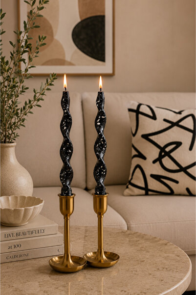 Typoniq Attitude Included Premium Modern Burgu 2' li Şamdan Mum Seti Siyah 25 cm