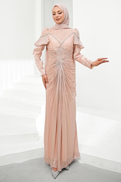 İmajButik Powder-Colored Gathered Front and Shoulder Detailed Janjan Evening ...