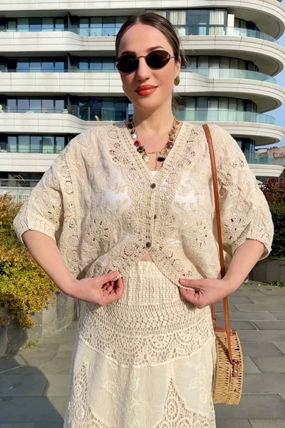 BRGCLOTHING Naturel İthal Pamuk Dantel Yarasa Kol Bluz