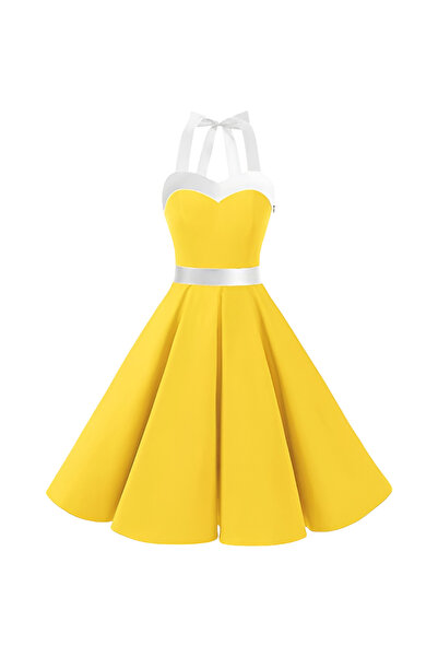 OEM DRESSTELLS Rochie de damă cocktail midi retro anii ’50 vintage galben S