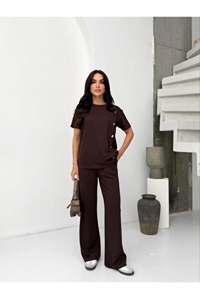 Royteks Fashion Women's Gold Button Detailed Minimal Design Comfortable Fit T...