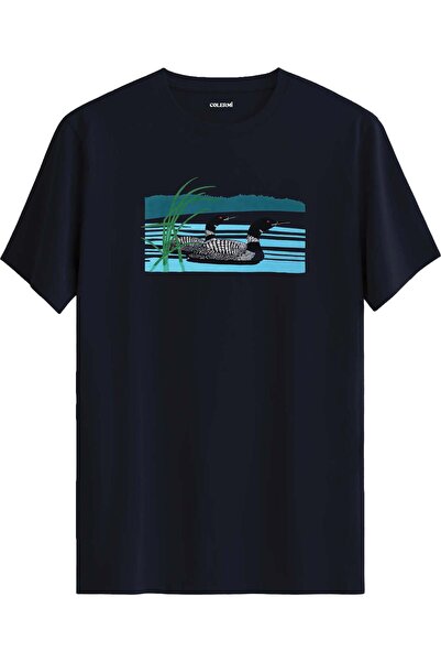 Colermi Lake View Nature Themed T-Shirt with Bird Figure