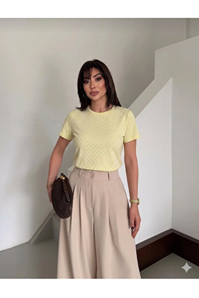 GÜLSEVEN GULSEVER MODA Zarif Taş Detaylı Günlük Şıklık kumaşına kalitesini ha...
