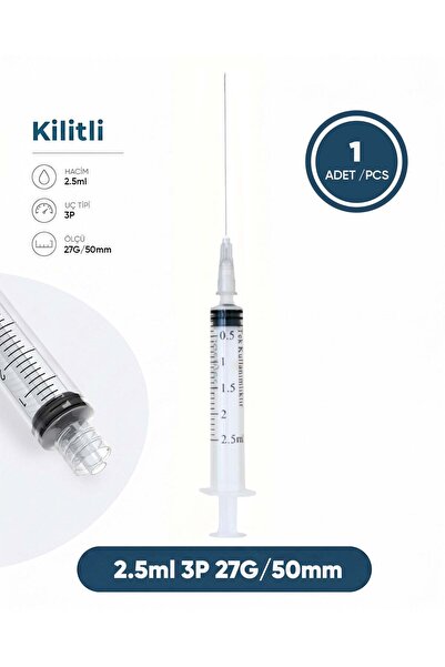 02,5 ml. , 3 Parçalı , 27G (0.41mm.), 50mm, Gri İğneli Dental Şırınga, LUER-LOCK Kilitli Dental Enje