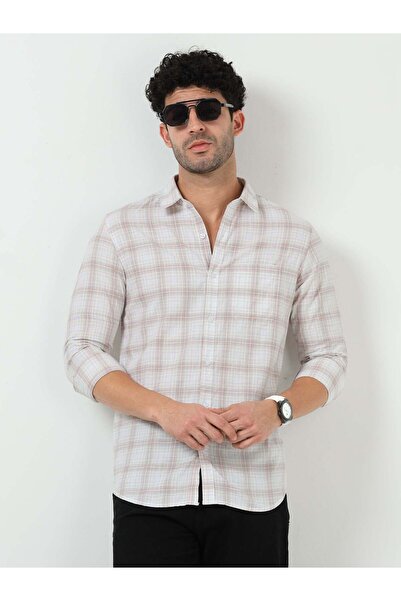 THE SOUTHZ Off White Check Slub Linen Casual Full Sleeve Shirt
