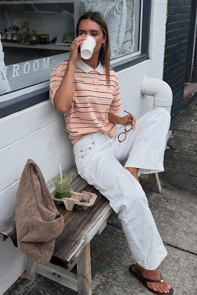 Madmext Powder Polo Collar Striped Women's T-Shirt Mg2706