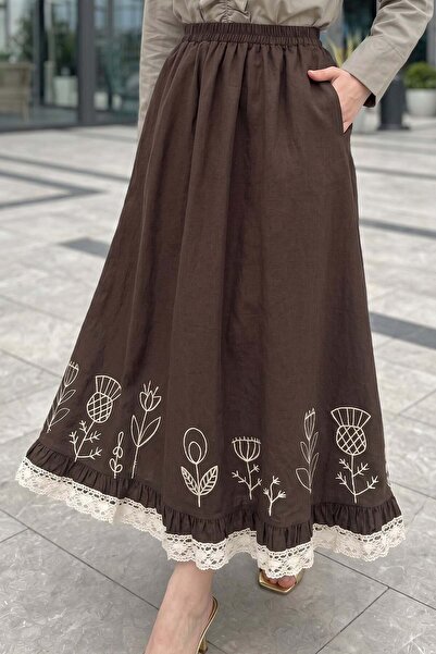 zenne Scallop and Embroidery Detailed Skirt 2329 - Brown