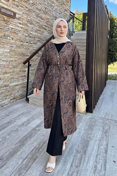 zenne Shawl Pattern Buttoned Kimono Y0127 - Brown