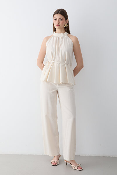 JASTE Kadın Naturel Halter Yaka Kuşak Detaylı Bluz Pantolon Takım