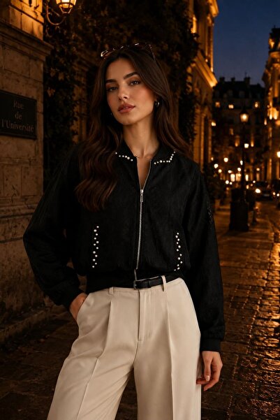 yb yağmur butik Collar and Pockets with Pearl Stone Embroidery Zippered Jacket