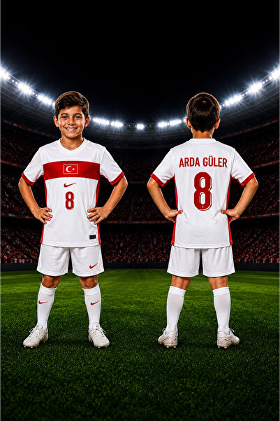 Selvira Arda Güler 8 Numaralı Çocuk Futbol Forması Beyaz Kırmızı Türkiye Mill...