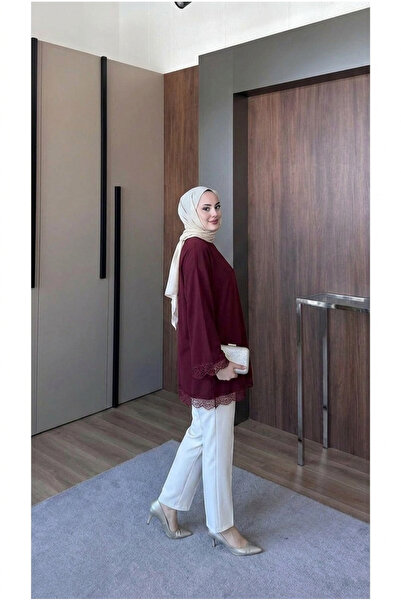 Asya Karen Dantel Detaylı Geniş Kol Bluz
