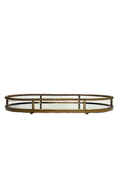 Lara Decor Metal Eskitme Boncuklu Oval Tepsi