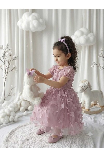 penu baby kids Dusty Rose 3D Butterfly Figured Balloon Short Sleeve Girls' Baby Girl Dress