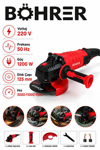 BÖHRER BA011337 1200W Devir Ayarlı Elektrikli Avuç Taşlama Makinesi 125 mm Kö...