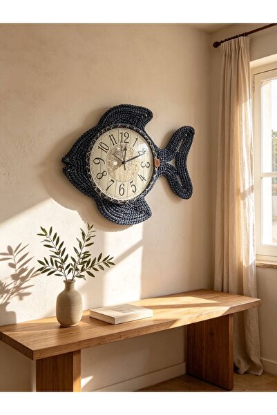 home inn Deniz Temalı Hasır Görünümlü Balık Duvar Saati Lacivert Dekoratif 50 CM