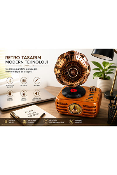 TB Gramafonlu Bluetooth Fm-Usb-Tf-Aux Şarjlı Nostaljik Radyo