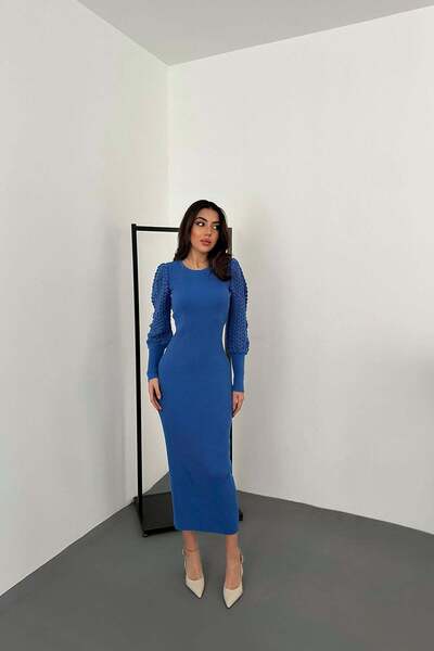 Caddebostan Moda Turtleneck Long Knit Dress with Knitted Sleeves
