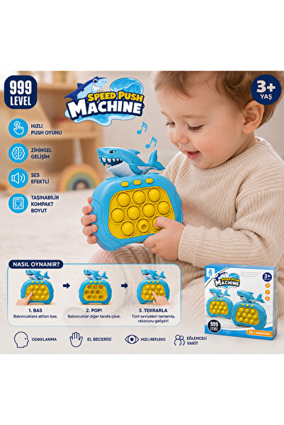 MİNDO Köpekbalığı Popit Oyunu Işıklı Sesli 999 Seviye Hızlı Push Game