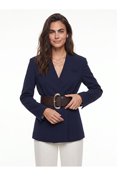 ONLOOX Navy Blue Stretchy Textured Double-Breasted V-Neck Modern Cut Wide Bel...
