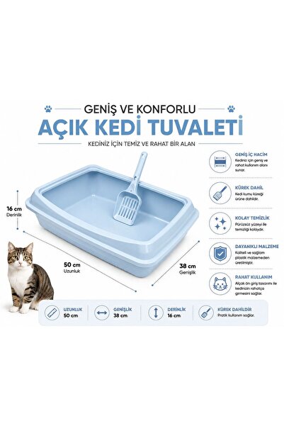 cdk Açık Kedi Tuvaleti Kürekli Set – Geniş Plastik Kum Kabı – 50x38x16 cm