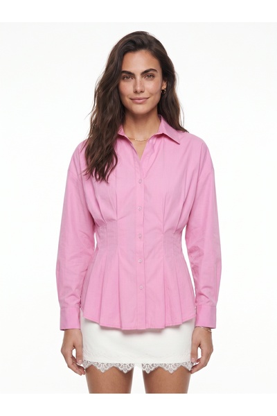 ONLOOX Pink Poplin Fabric Classic Shirt Collar Fitted Waist Long Sleeve Pleat...