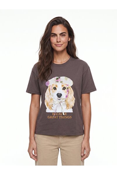 ONLOOX Brown Stretch Fabric Crew Neck Short Sleeve Basic Form Dog Print Sequi...
