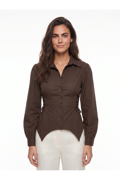 ONLOOX Bitter Brown Cotton Classic Collar Waist-Fitted Long Sleeve Shirt with...