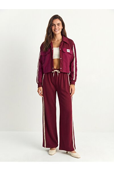 ONLOOX Cherry Contrast Textured Elastic Waist Wide Leg Cut Stripe Detailed Ja...