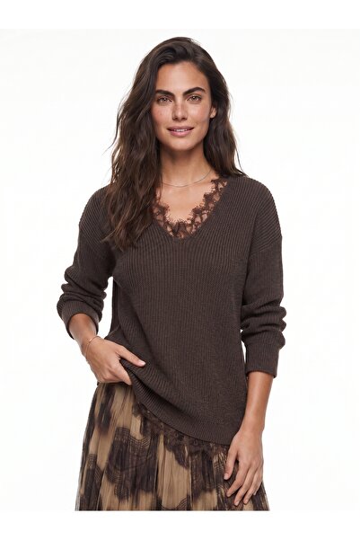 ONLOOX Bitter Brown Cotton Soft Textured V-Neck Slightly Flowy Cut Lace Detai...