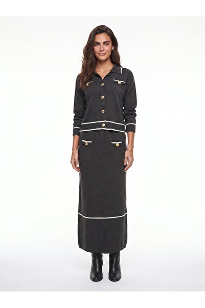 ONLOOX Anthracite Acrylic Knitwear Long Sleeve Gold Button Detailed Skirted T...