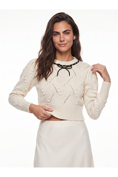 ONLOOX Cream Acrylic Textured Sweater with Beaded Collar and Bow Detail, Stan...