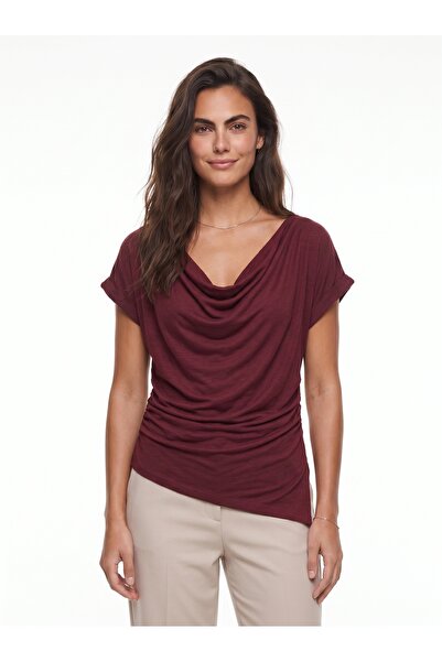 ONLOOX Burgundy Soft Flowy Fabric Degaje Collar Short Sleeve Asymmetrical Wai...