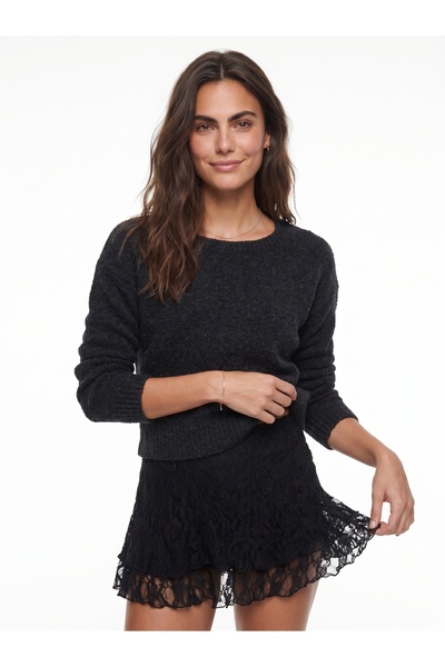 ONLOOX Black Soft Textured Square Collar Long Sleeve Acrylic Blend Standard F...