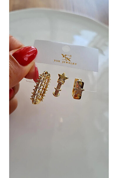 YSX JEWELRY 14K Altın Rengi Yıldız Detaylı 3'lü Küpe Seti