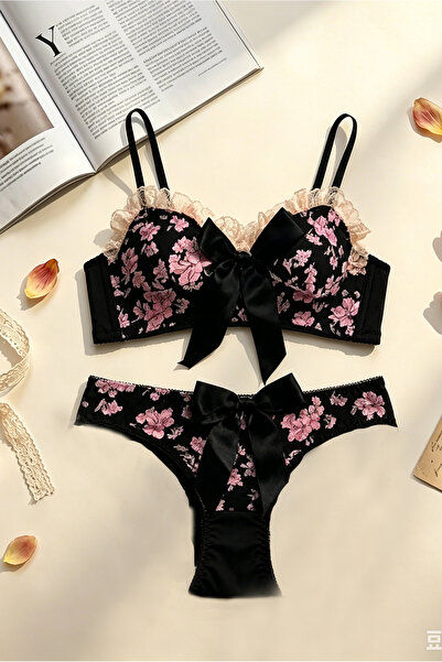 Generic 2-pieces Elegant Floral Printed Sexy Lingerie Sets Lace Bows Charm Cu...