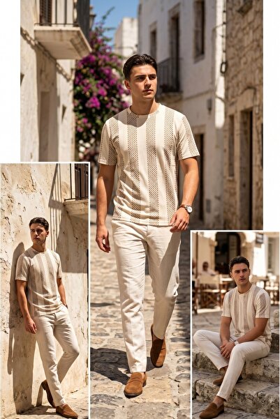 Azıcık Akıllı Men's Cream Brown Stripe Pattern Stretchy Crepe Wrinkle Fabric ...