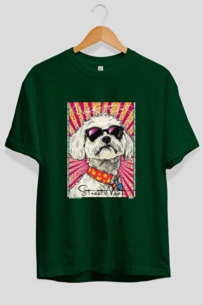 Ankhises For Dog Lovers 55 Front Dog Printed Green Oversize T-Shirt 100% Cott...