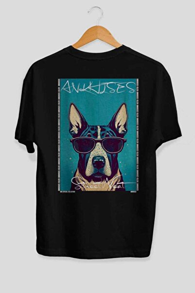 Ankhises For Dog Lovers 47 Back Dog Printed Black Oversize T-Shirt 100% Cotto...