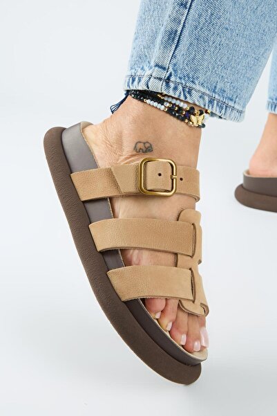 Manijero Borde Women's Genuine Leather Scarf and Buckle Nubuck Tan Slippers