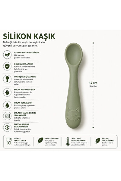 Bebeye 3'Lü Bebek Beslenme Seti Vakumlu Mama Tabağı - Mama Kaşığı - Alıştırma Bardağı Olive Green