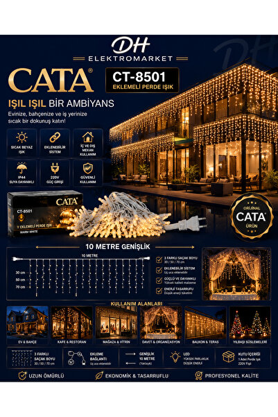 DHELEKTROMARKET CATA CT-8501 Eklemeli Perde Işık 10 Metre – Sıcak Beyaz LED D...