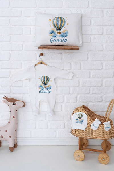 Pia Baby Premium Bebek İsme Özel %100 Pamuk Tulum Şapka Eldiven ve Yastık Kıl...